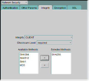 Integrity tab of the Network Security section in the Oracle Net Manager with SHA256 displayed in the Selected Methods field